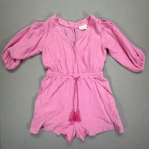 Anthropologie Pink Gauze Romper Puff Sleeve Tassel Tie Waist Small